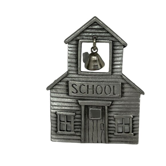 Vintage JJ School Brooch Pewter Tone Moveable Bell Old Schoolhouse Pin - Picture 1 of 8